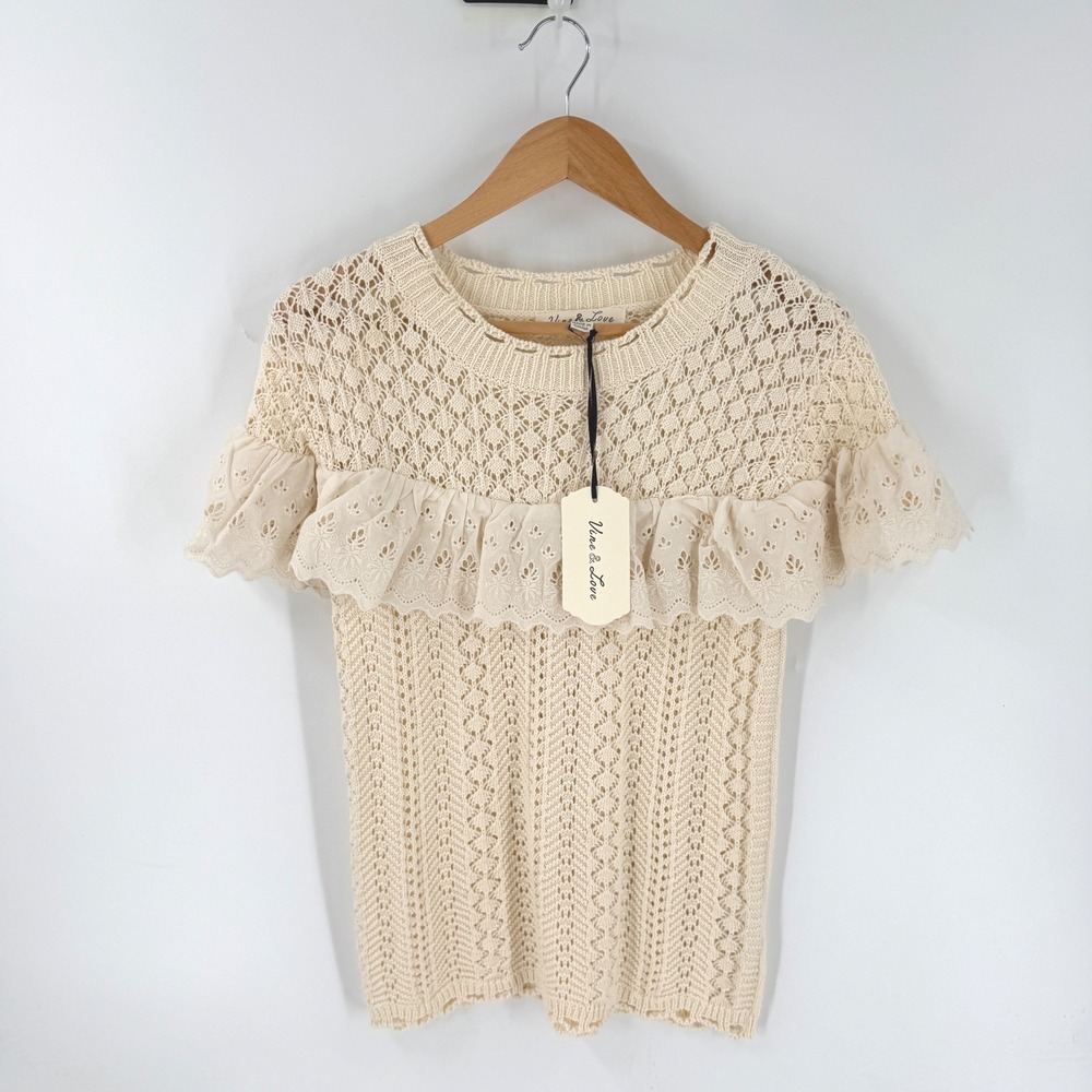 Boutique Vine & Love Crochet Eyelet Ruffle Top Cream Small Cottagecore Boho Lace
